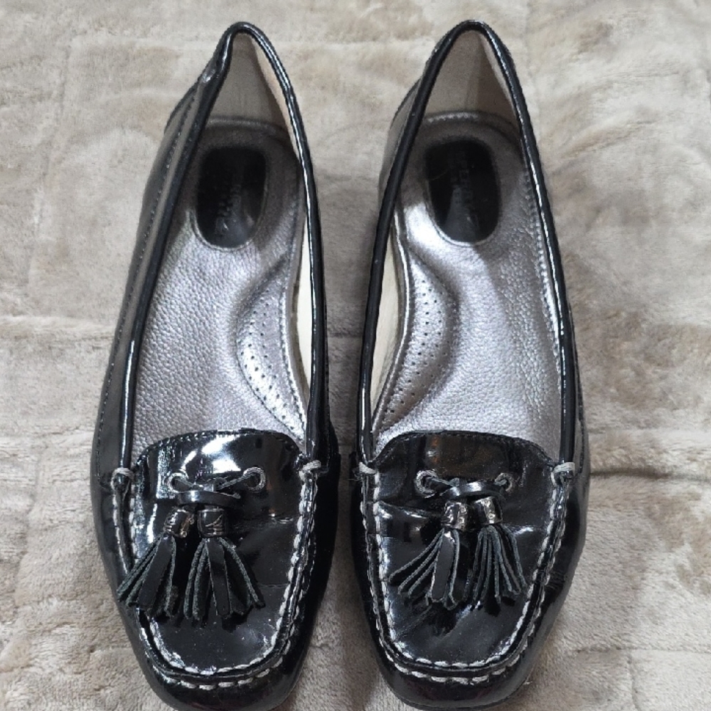 Sperry TopSider Womens Loafers Flats Shoes Black Glossy Leather Tassels Sz 8 EUC